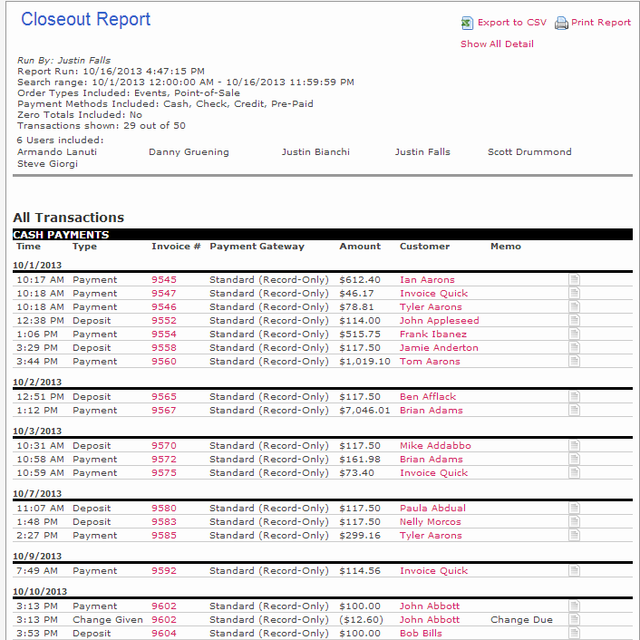 Closeout/Summary Report – Party Center Software