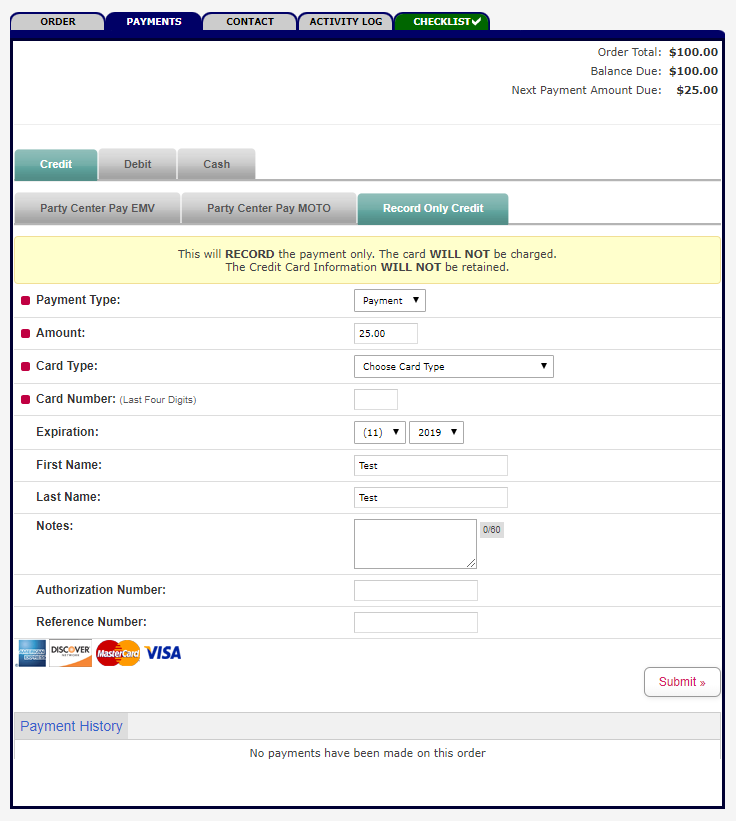 Party Order Payments Tab
