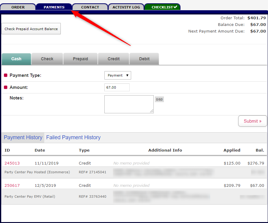 Payments Tab
